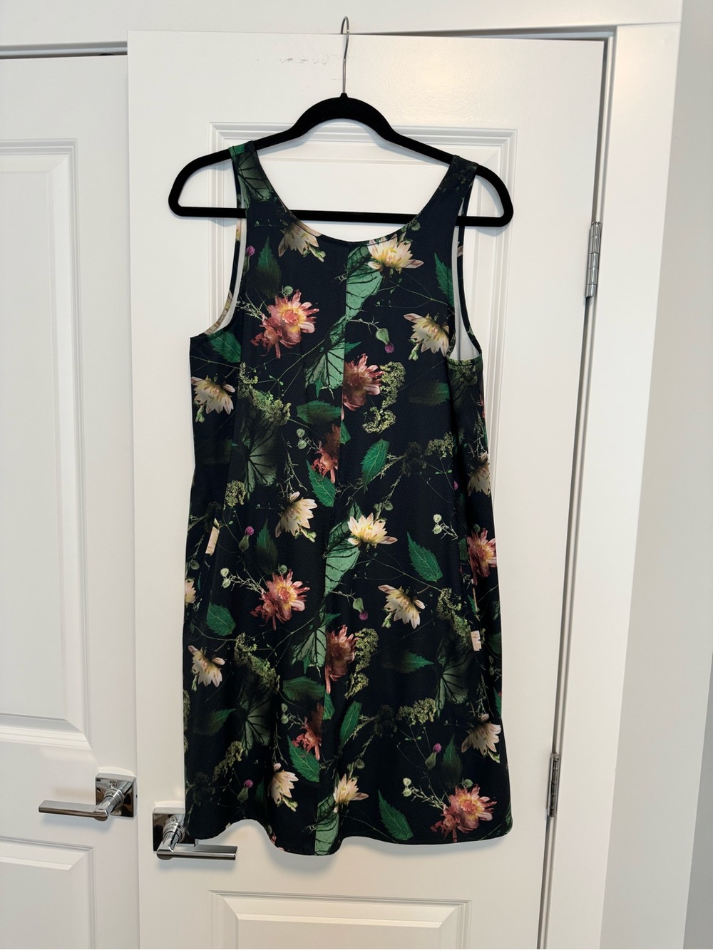oiselle Black Dress with Green Leaves and Pink Floral Print